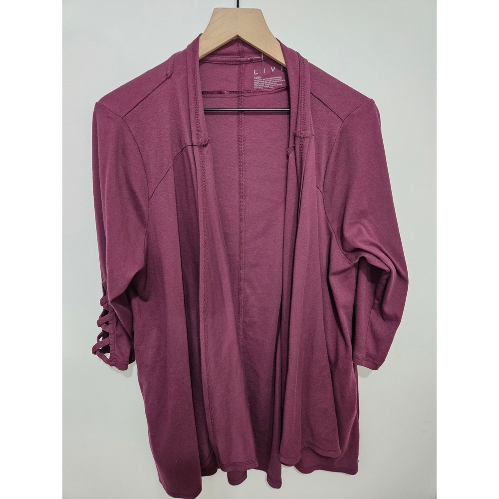 Livi Active Women Plum Burgundy Open Front Cardigan Lattice Sleeve Size 14/16